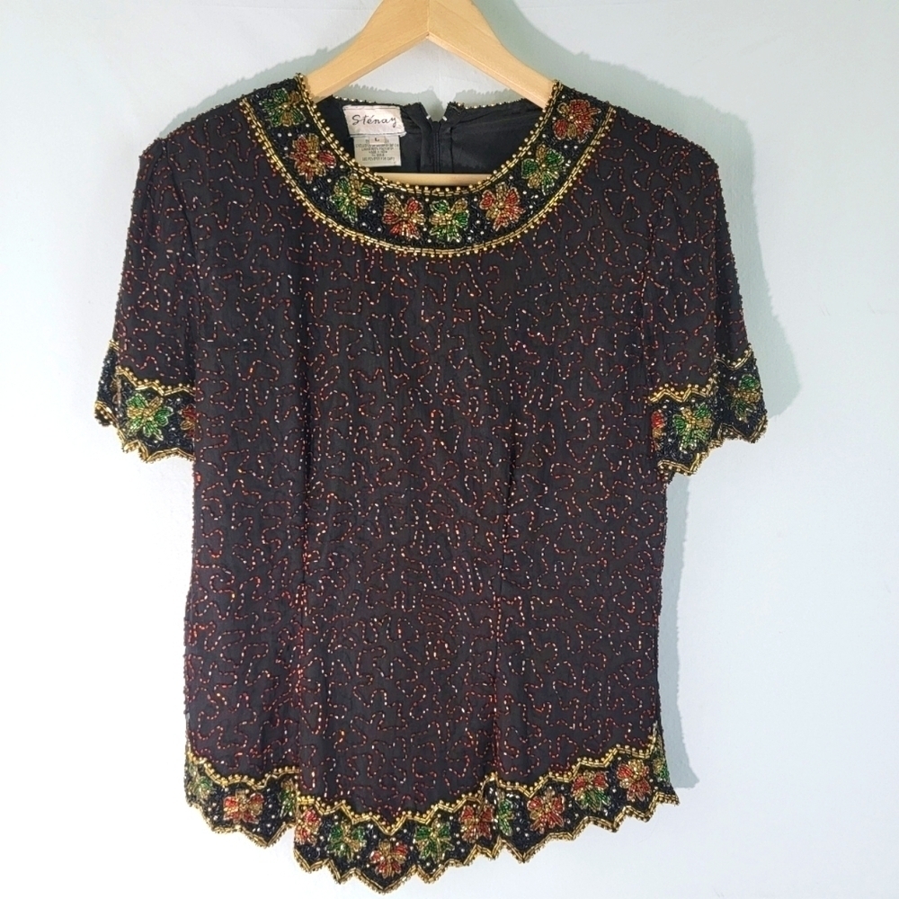 Stenay Black Multi Full Beaded 100% Silk Blouse Sz L Short Sleeve Holidays Lined